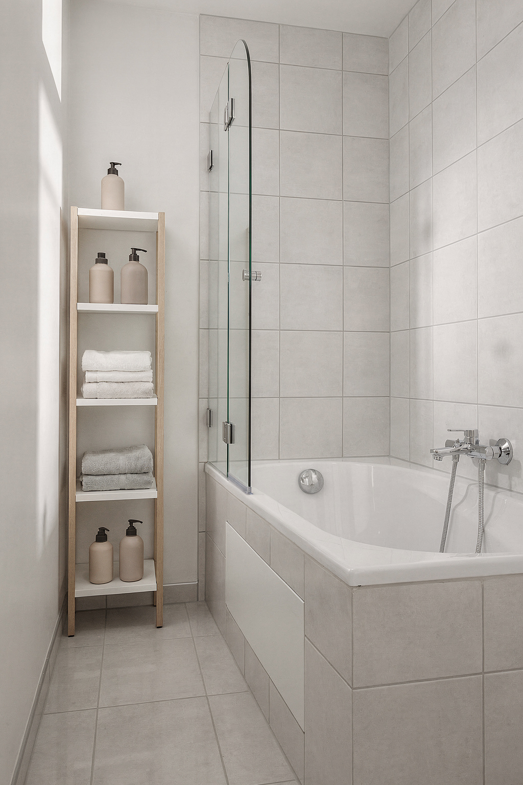 Schmales Bad mit Einbaubadewanne und schmalem Regal an der Wand für mehr Stauraum.