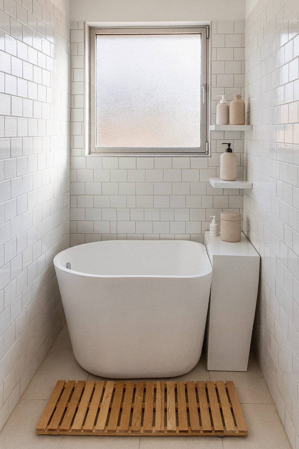 Eine kompakte freistehende Badewanne in einem kleinen Bad mit hellen Fliesen und natürlichem Licht.