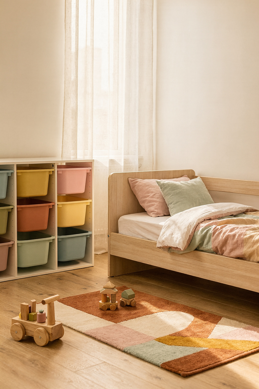 Kinderzimmer für 3-Jährige mit niedrigem Kleinkindbett, bunten Regalkörben und Holzspielzeug im skandinavischen Stil.