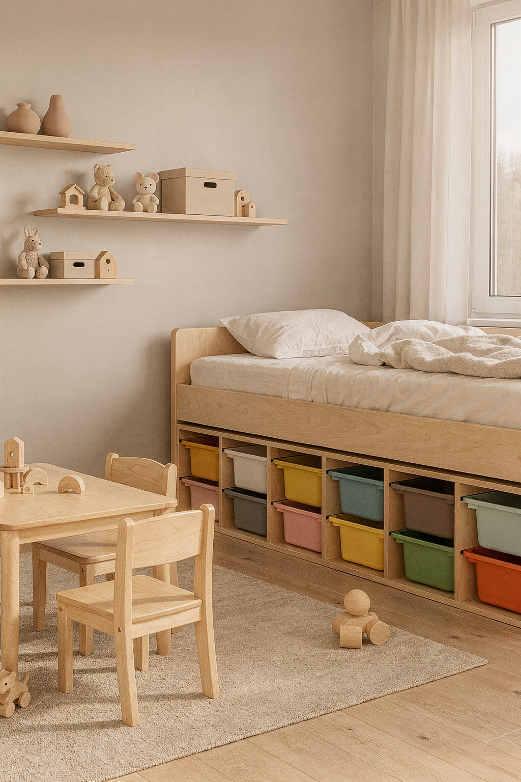 Kinderzimmer mit Hochbett und Spielbereich auf zwei Ebenen, helles Zimmer mit Holzmöbeln.