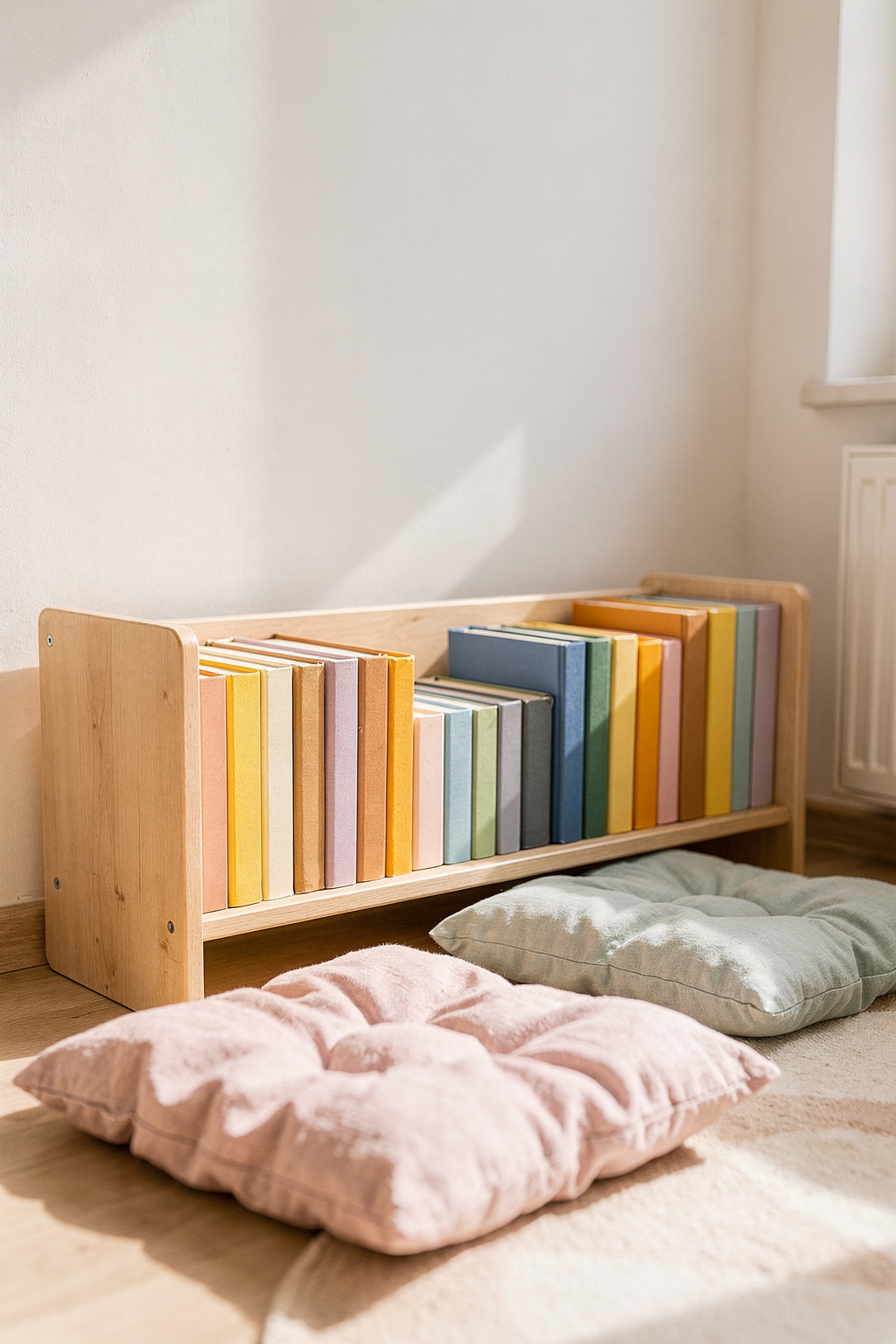 Niedriges Bücherregal im Kinderzimmer mit bunten Büchern, erreichbar für kleine Kinder.
