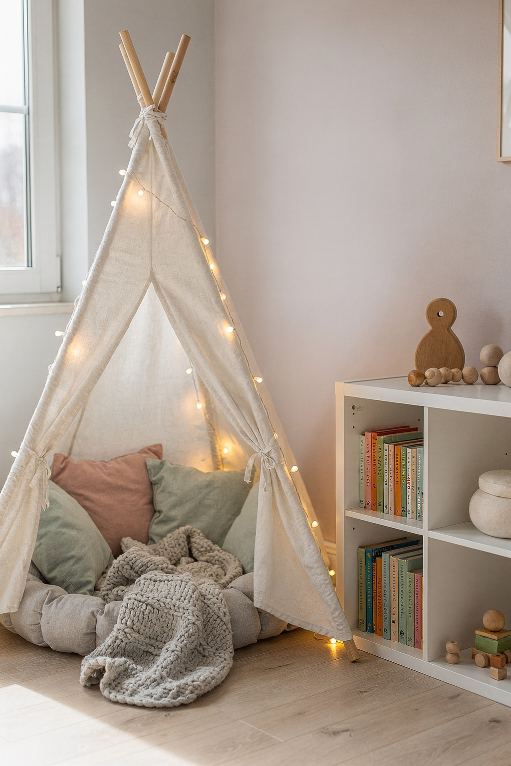 Eine gemütliche Leseecke im Kinderzimmer mit Tipi, Kissen und warmen Lichterketten.