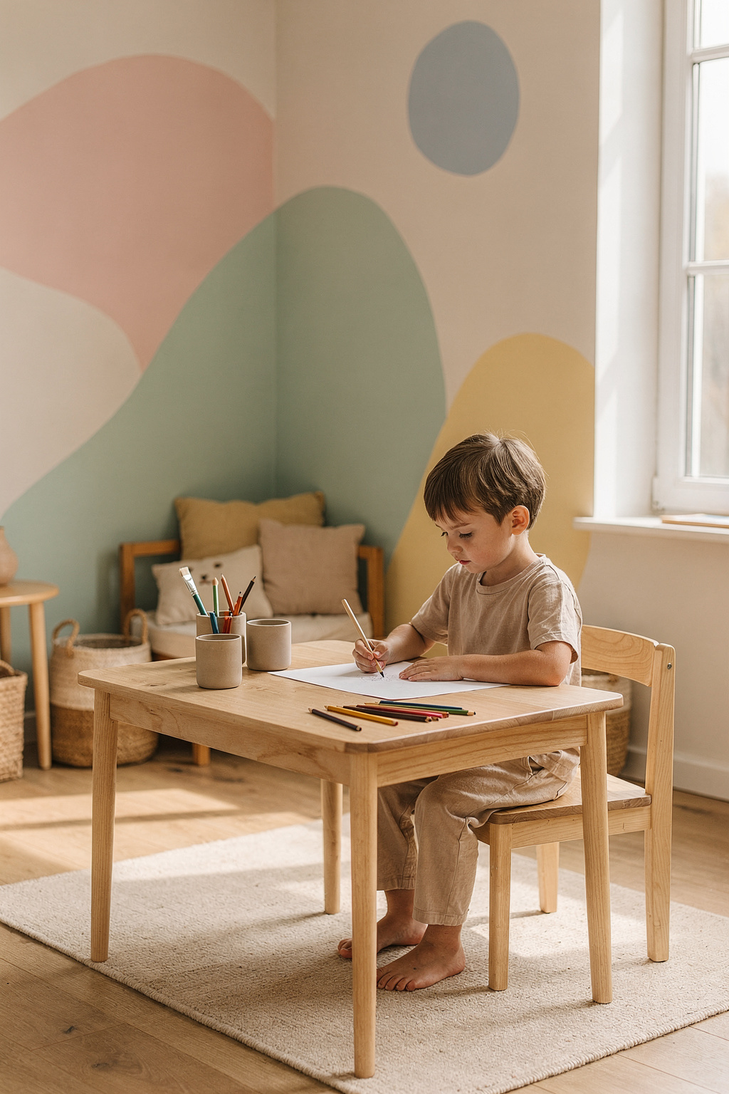 Ein Kinderzimmer mit einer bunten Wandgestaltung hinter einem kleinen Maltisch, an dem ein Kind sitzt und malt.