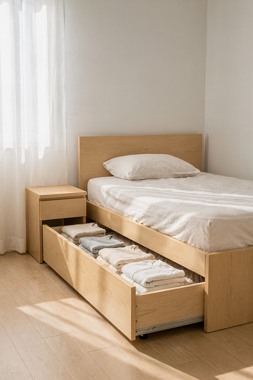 Multifunktionales Bett mit Stauraum in einer kleinen Wohnung, Möbel clever genutzt.
