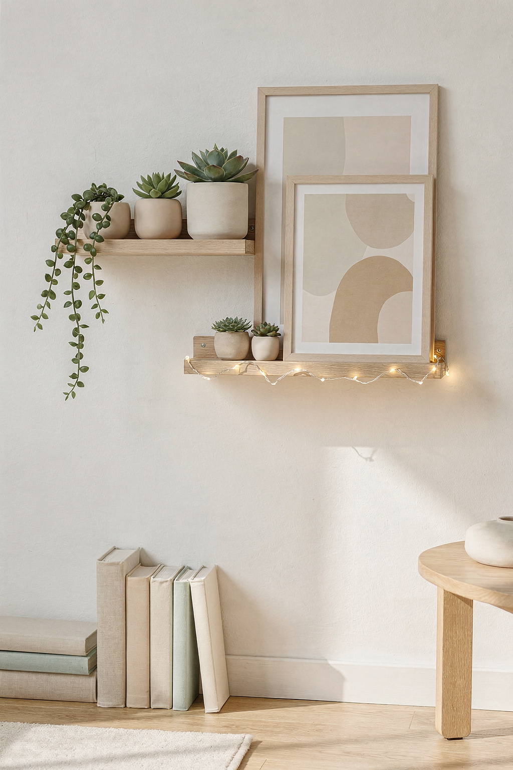 Mehrere IKEA Mosslanda Bilderleisten an einer weißen Wand, dekoriert mit Pflanzen, Kunst und Lichterketten.