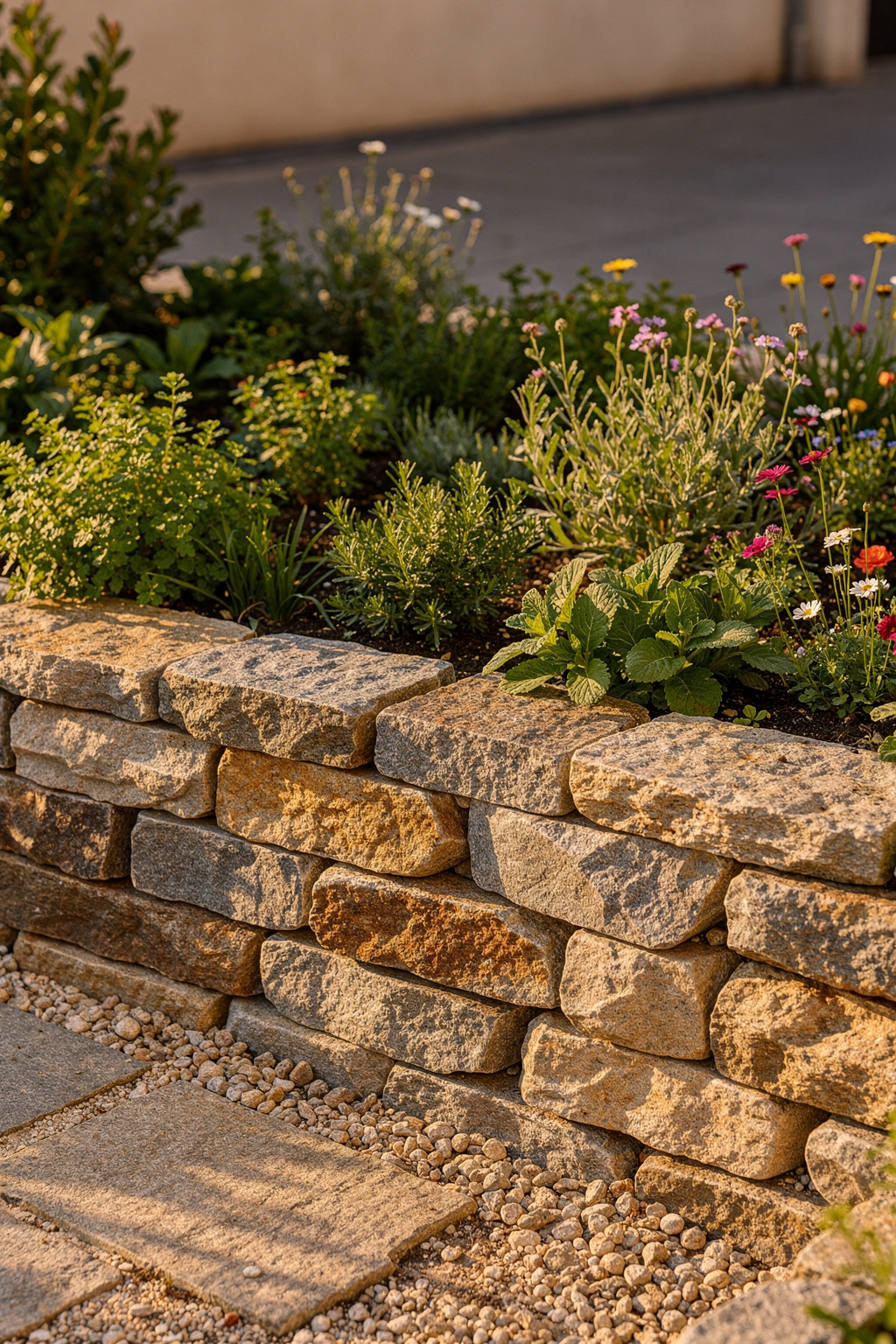 Eine niedrige Natursteinmauer im Garten trennt Beete ab. Kleine Mauer als Gestaltungselement im Außenbereich.