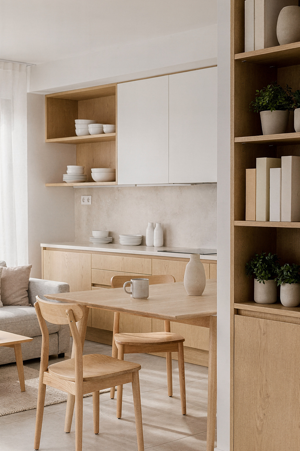 Offene Küche mit Wohnzimmer in einem kleinen Apartment im skandinavischen Stil mit hellen Möbeln.