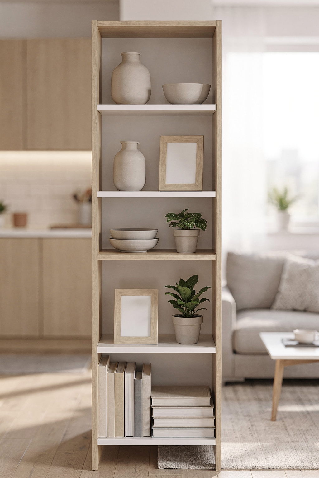 Raumteiler aus Regal trennt Küche und Wohnbereich in einer kleinen offenen Wohnung.