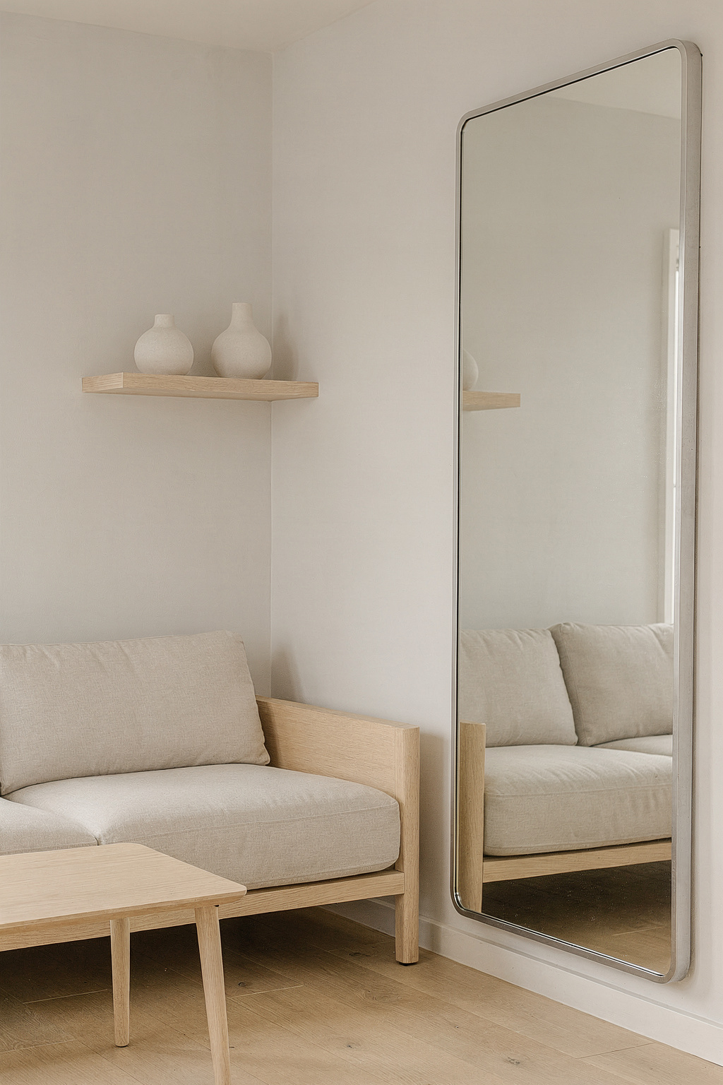 Kleines Zimmer mit hellem Spiegel an der Wand, der den Raum optisch vergrößert, und minimalistischer Einrichtung.