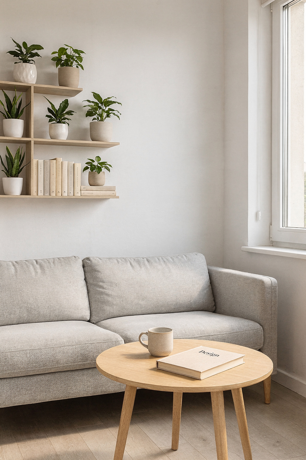 Helles Wohnzimmer mit kompaktem Sofa und kleinem Couchtisch aus Holz, eingerichtet für eine erste Wohnung.
