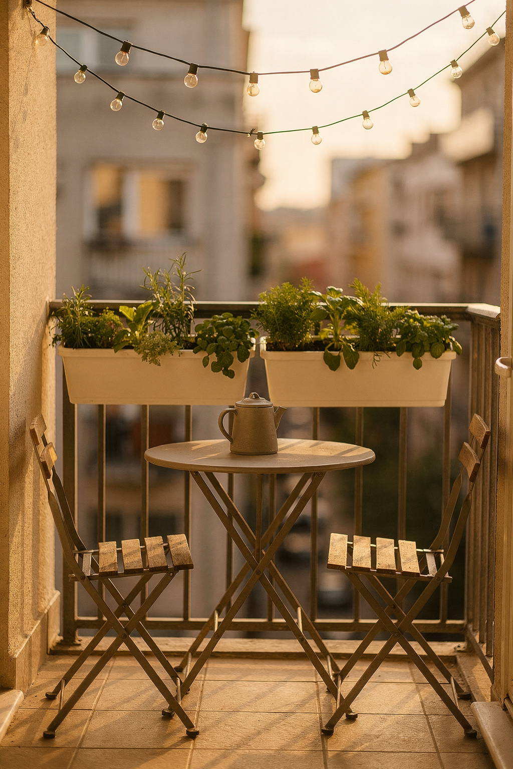 Ein schmaler Balkon mit kleinem Bistrotisch und zwei Klappstühlen, dekoriert mit Lichterkette und Kräutertöpfen.