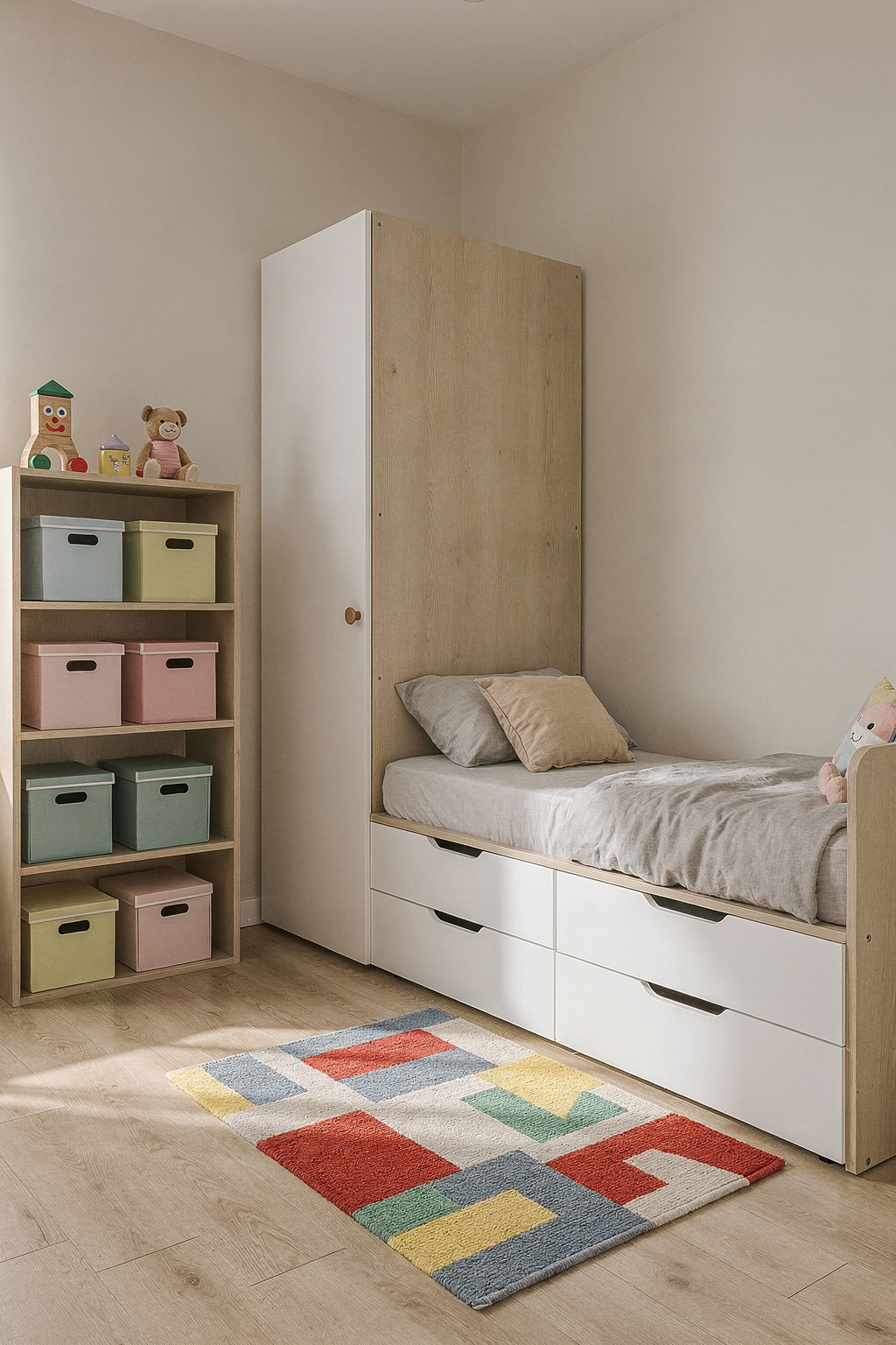 Kleines Kinderzimmer mit platzsparendem Hochbett und Schrankkombi in hellen Farben.