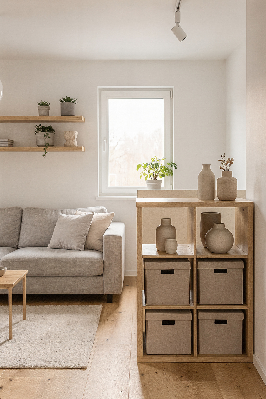 Kleines Wohnzimmer mit hellen Möbeln und cleverer Stauraum Lösung für kleine Wohnungen.