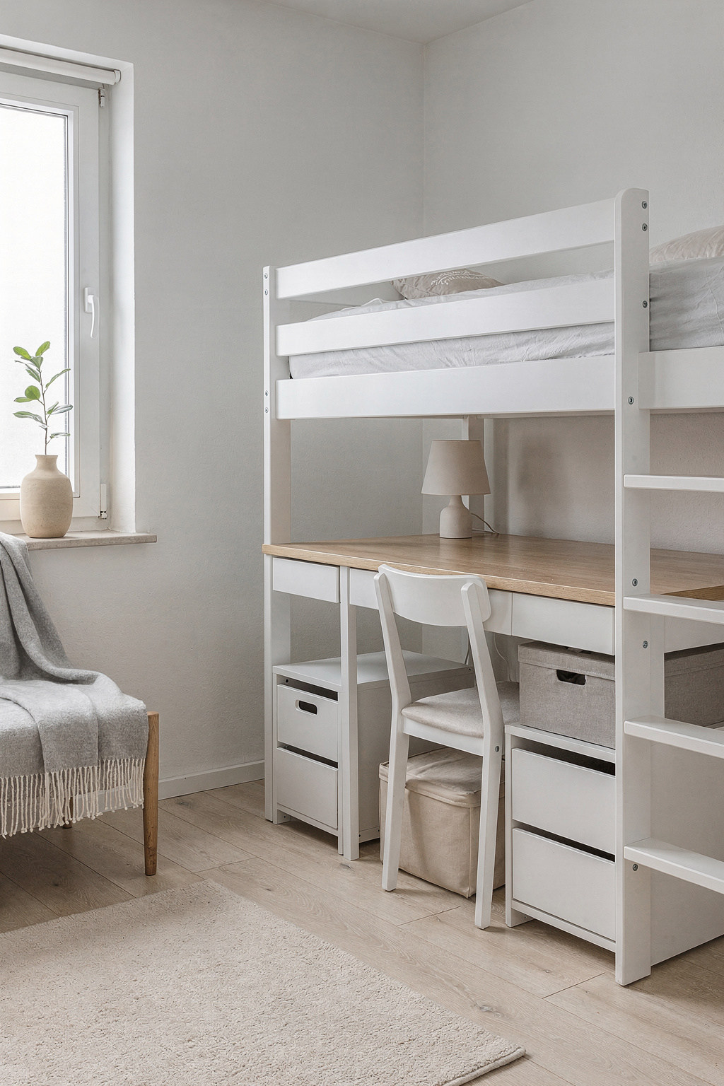 Ein kleines Schlafzimmer mit einem Hochbett und Schubladen darunter sowie einem integrierten Schreibtisch.