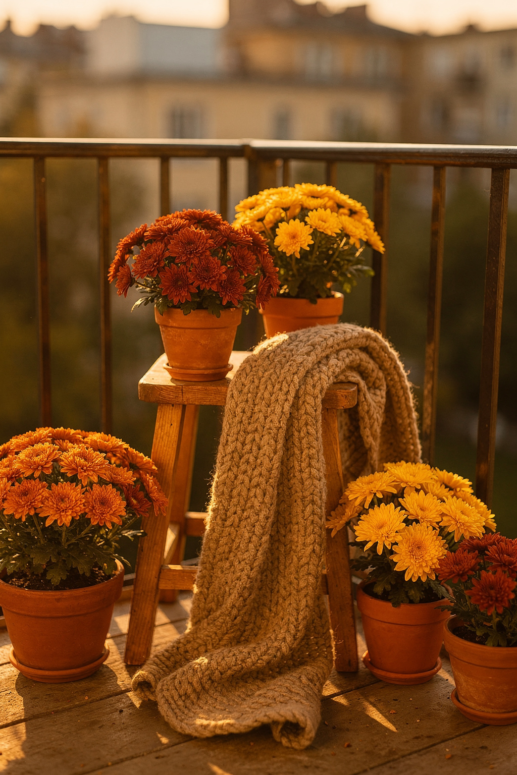 Ein kleiner Balkon im Herbst mit bunten Chrysanthemen in Terrakottatöpfen und einer Wolldecke auf einem Holzstuhl.