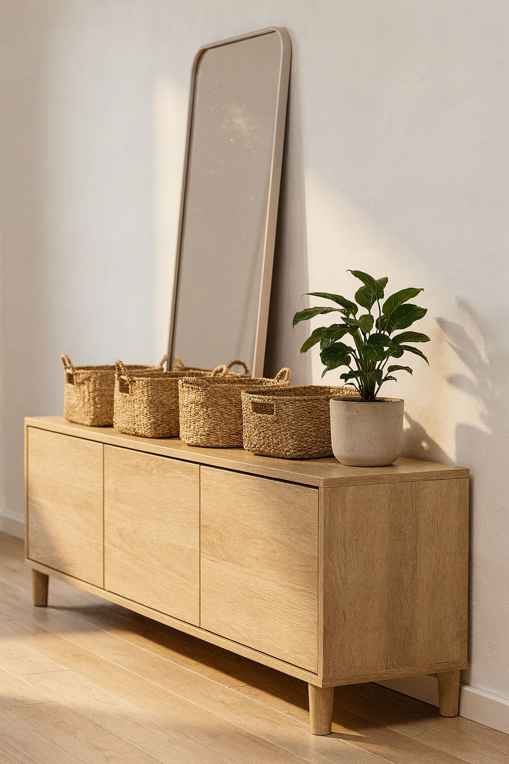 Bestå Einheit als Sideboard im Flur mit aufgesetzten Körben und dekorativen Elementen.