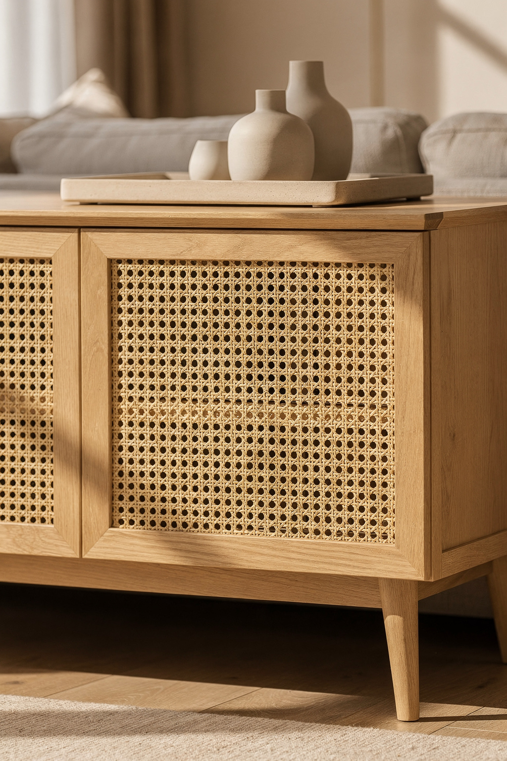 Ein angepasstes IKEA Bestå Regal mit Rattaneinlagen und Holzbeinen als TV Möbel im Wohnzimmer.