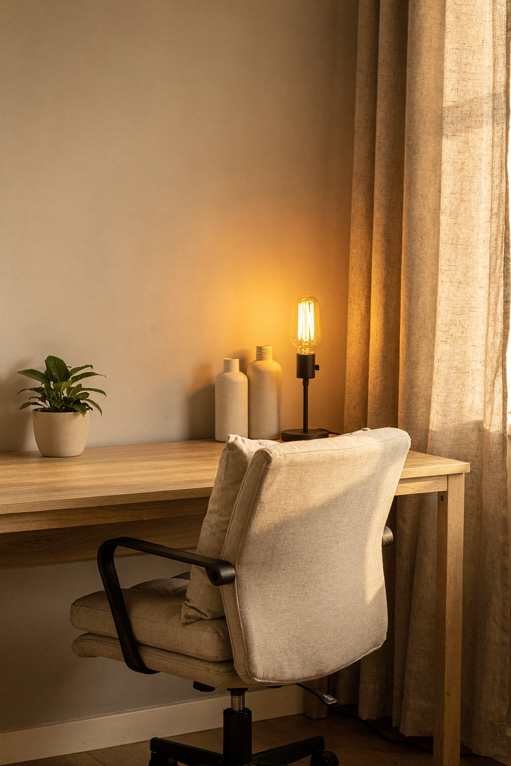 Ein gemütliches Heimbüro mit hellem Holzschreibtisch, weichem Stuhlkissen und warmer Tischlampe.