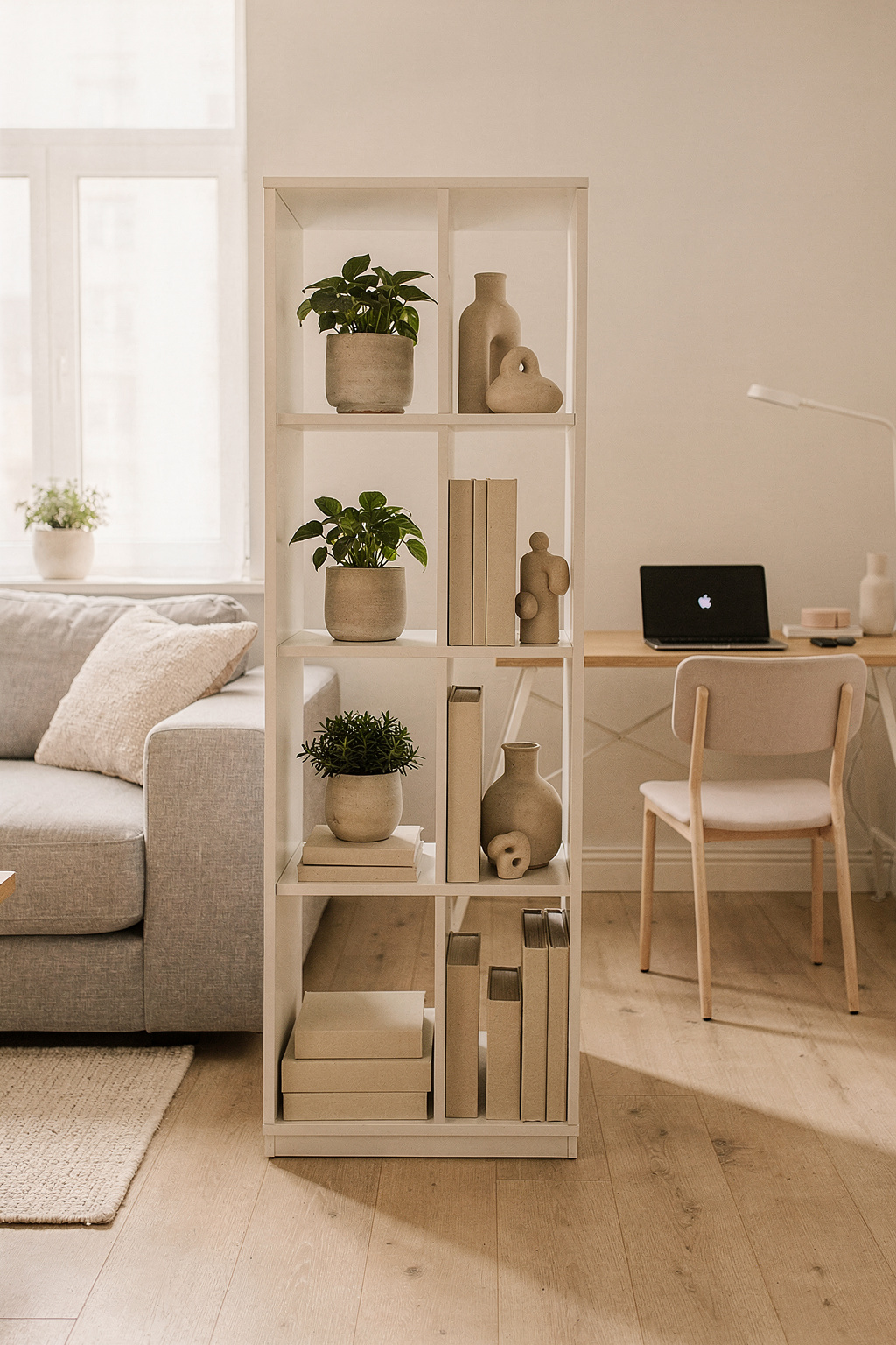 IKEA EKET Würfelregale als Raumteiler zwischen Wohn- und Arbeitsbereich, offen und kombiniert.