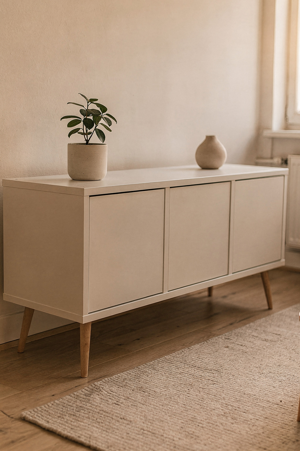 EKET Regale als Sideboard an der Wand montiert, mit Beinen aus Holz und offenem Stauraum.
