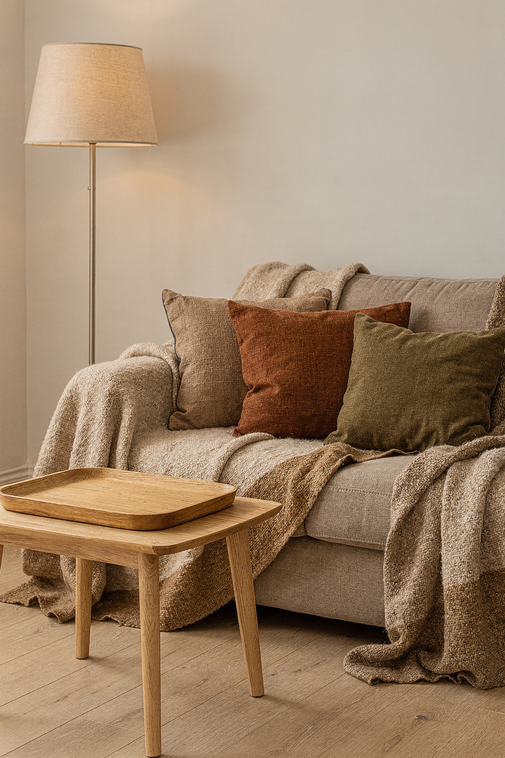 Wohnzimmer Kuschelecke mit Sofa, Decken und Kissen in warmen Erdtönen als Wohlfühloase.