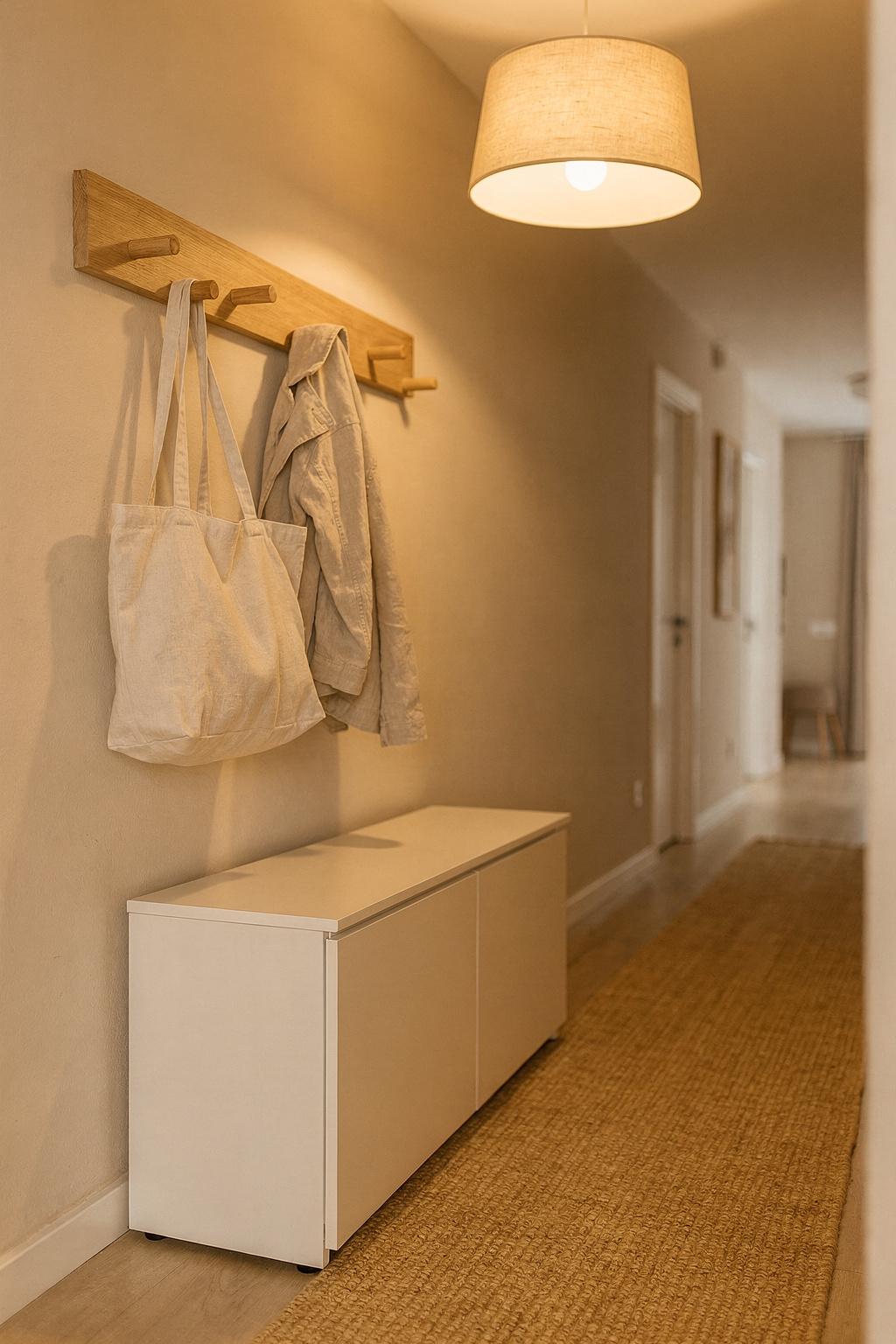Ein kleiner Flur mit Holzhaken an der Wand, an denen Taschen und eine Jacke hängen, darunter ein Schuhschrank.