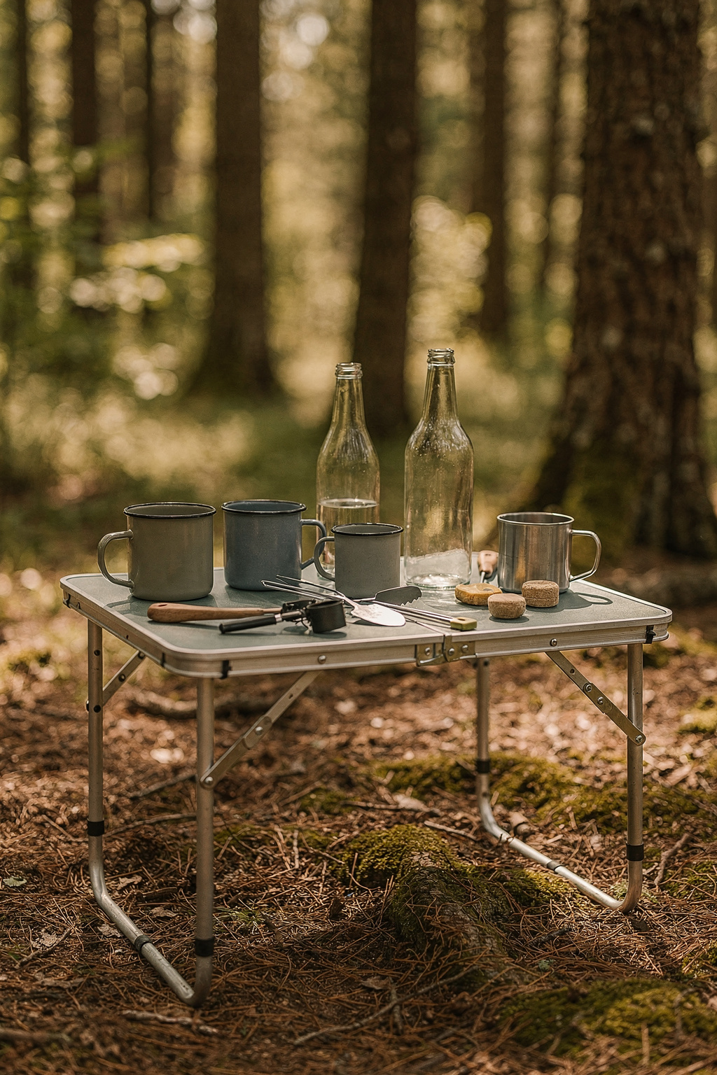 Ein IKEA Klapptisch steht im Freien als Camping Tisch mit Emaillebechern und Utensilien darauf.