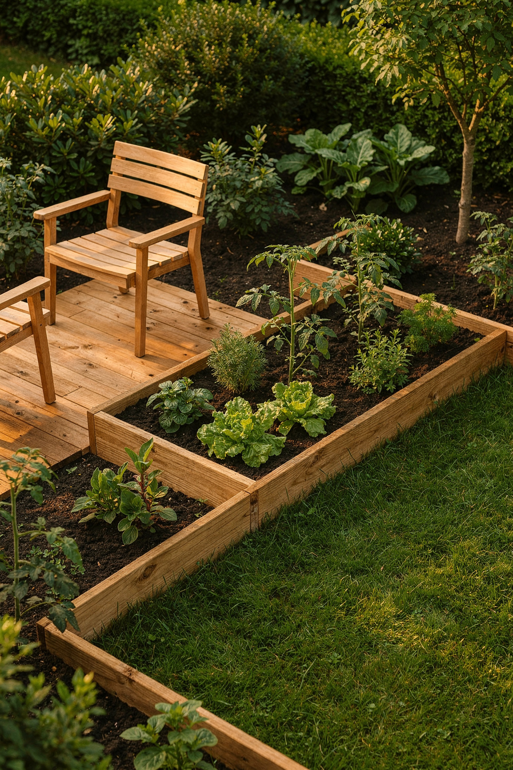 Ein kleiner Garten mit klar getrennten Bereichen: Sitzecke, Gemüsebeet und Rasenfläche in einer kompakten Anlage.