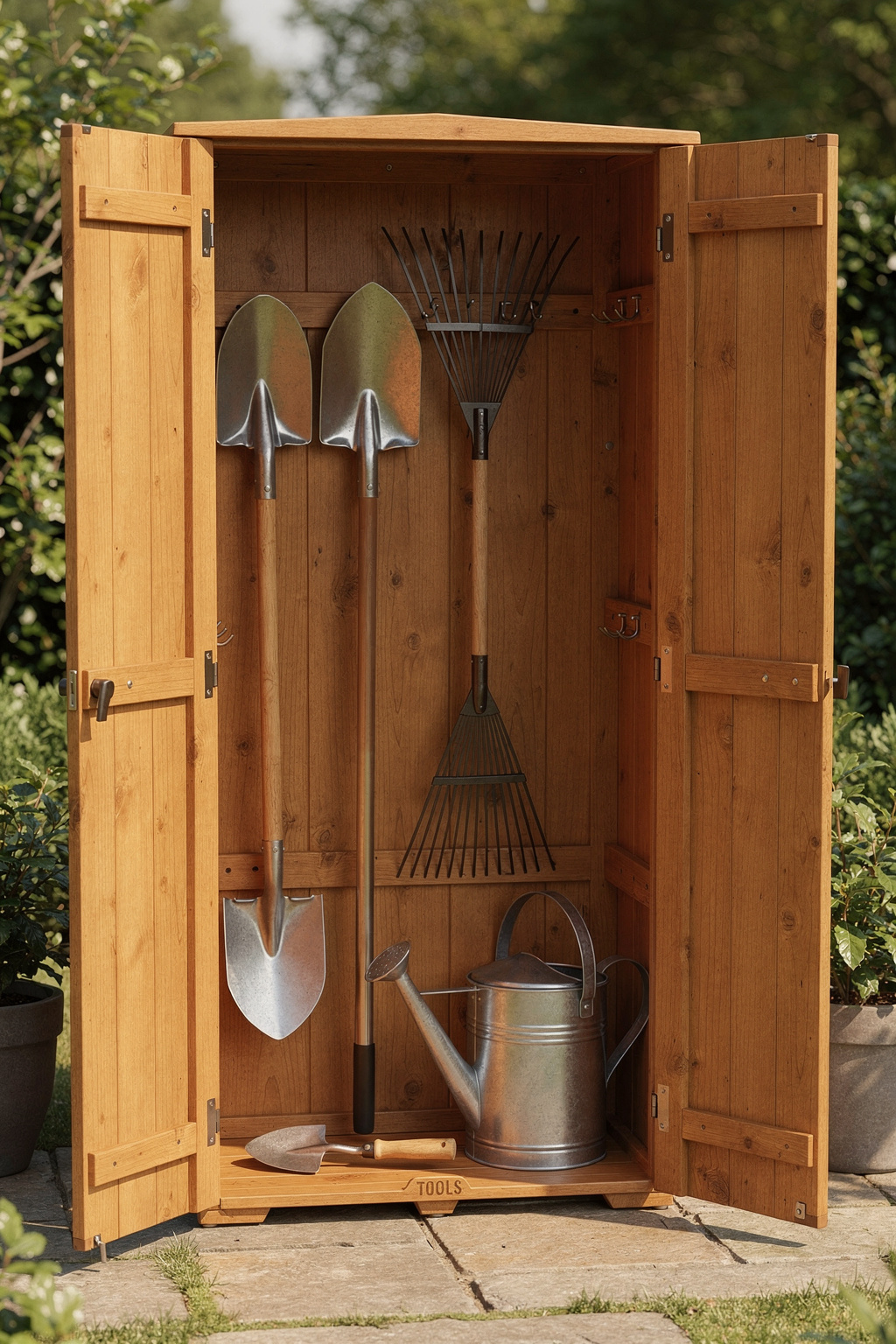 Ein geöffneter Geräteschrank im Garten zeigt ordentlich sortiertes Werkzeug wie Schaufeln und Harken.