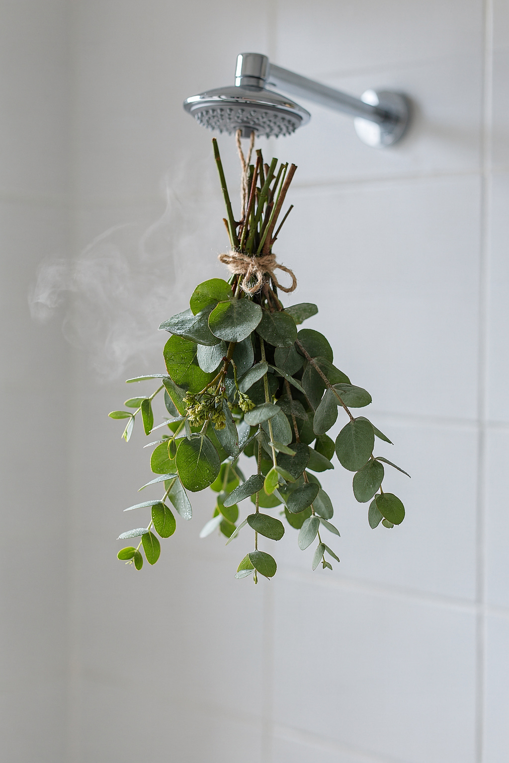Eukalyptuszweige hängen gebündelt an einem Duschkopf im Badezimmer als natürliche Deko.