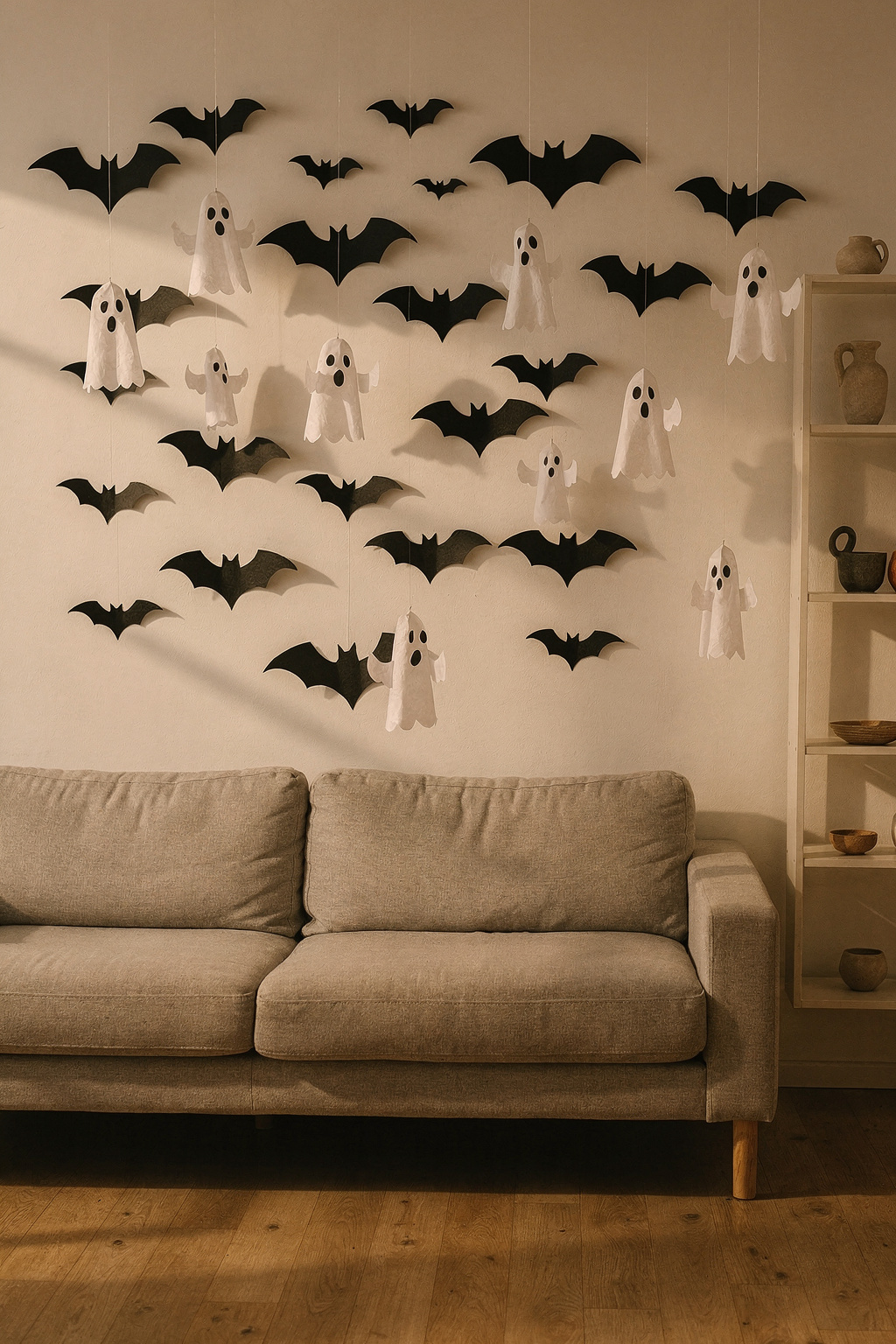 DIY Halloween Deko aus Papier: selbst gebastelte Fledermäuse und Geister hängen an einer hellen Wohnungswand.