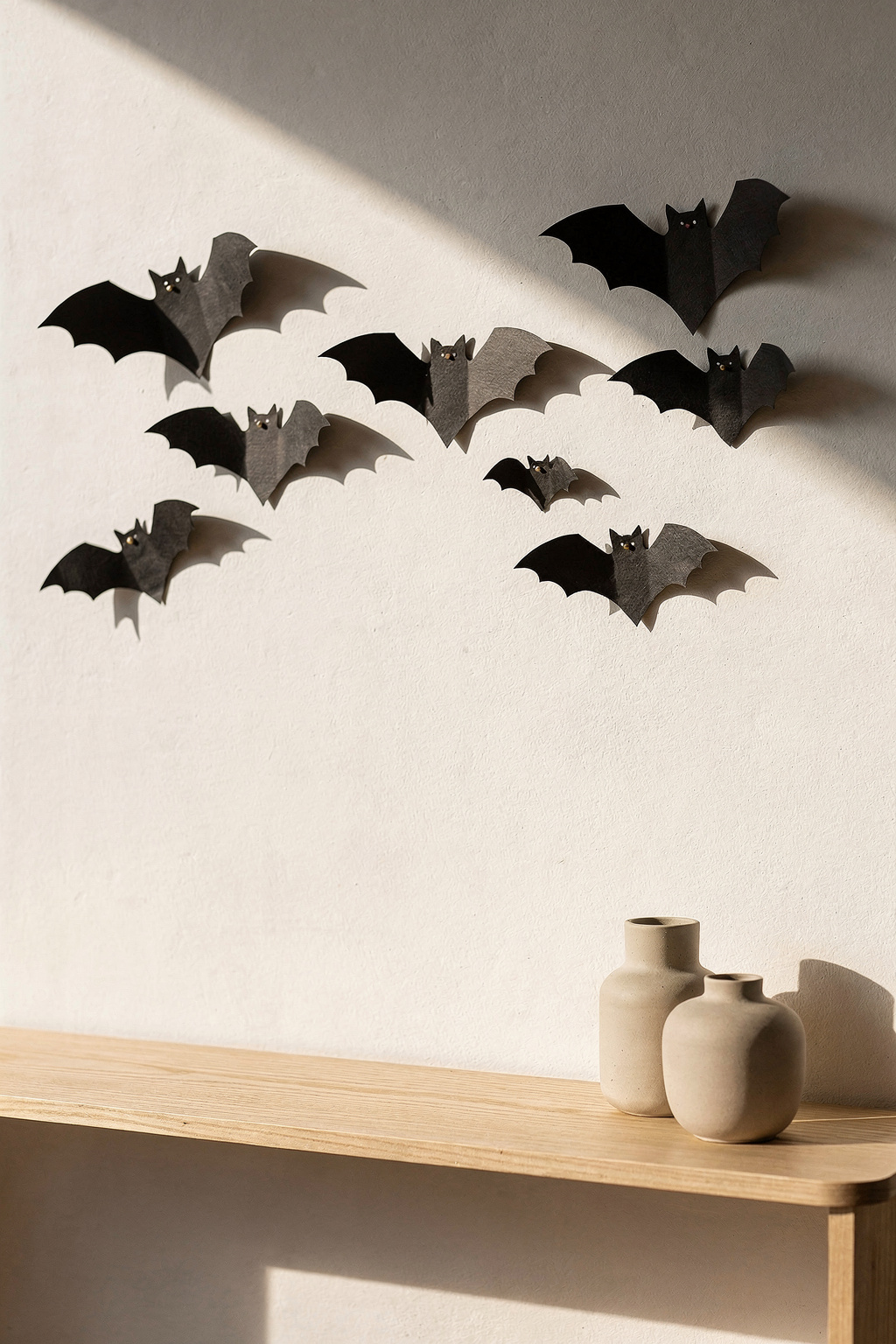 Selbst gebastelte Papier-Fledermäuse hängen als Halloween Deko an einer hellen Wohnzimmerwand.