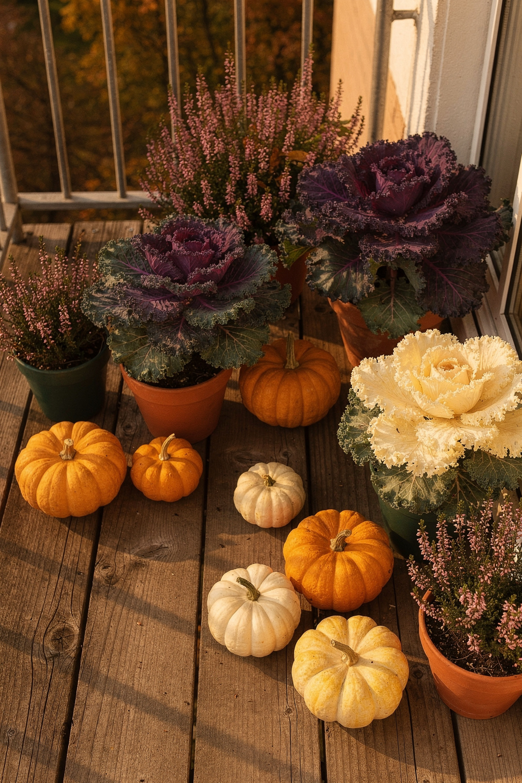 Herbstbalkon mit Zierkohl, Heidekraut und kleinen Kürbissen in Terrakottatöpfen bei warmem Tageslicht.
