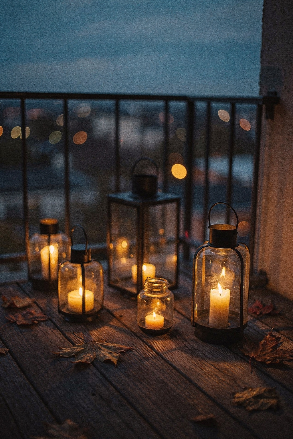 Kleiner Balkon mit mehreren unlabelten Laternen und Kerzen auf dem Boden, die warmes Licht im Herbstabend verbreiten.