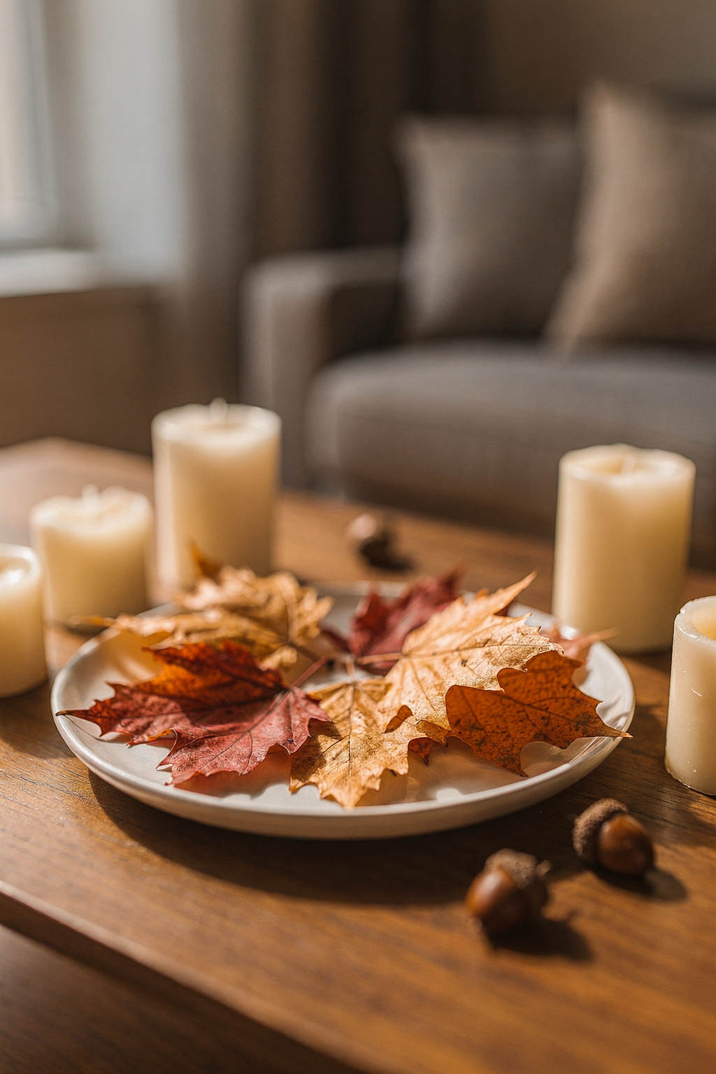 Selbst gebastelte Herbstdeko aus getrockneten Blättern und Zweigen als Tischdekoration in einer Wohnung.