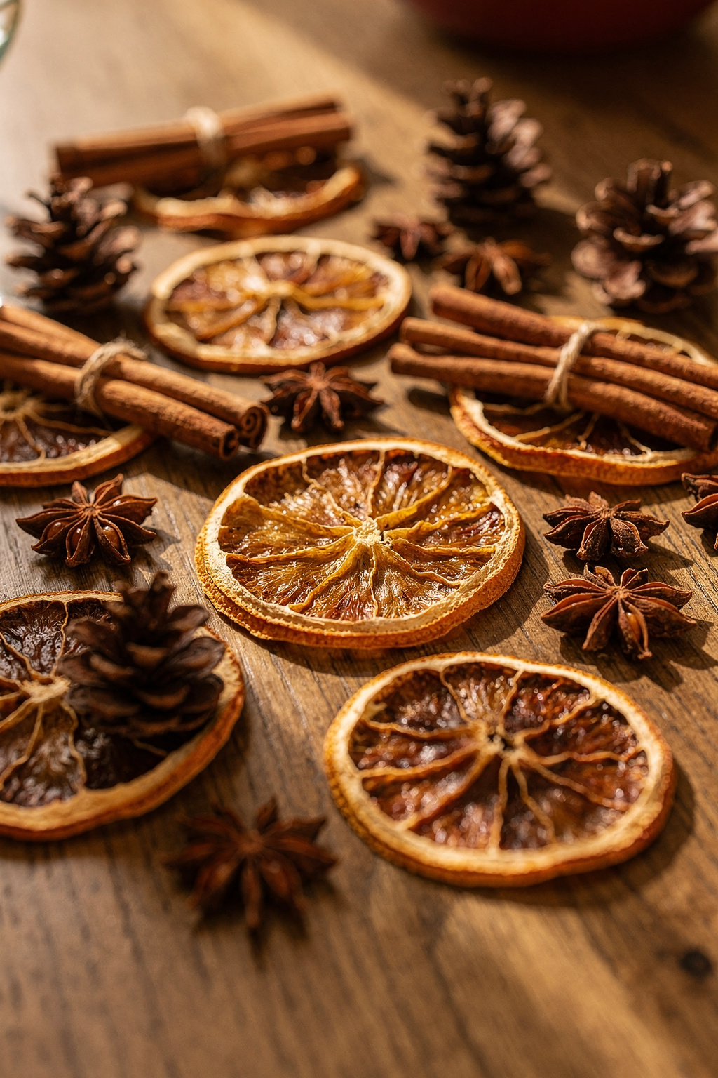 Getrocknete Orangenscheiben und Zimtstangen als natürliche Herbstdeko auf einem gedeckten Tisch.
