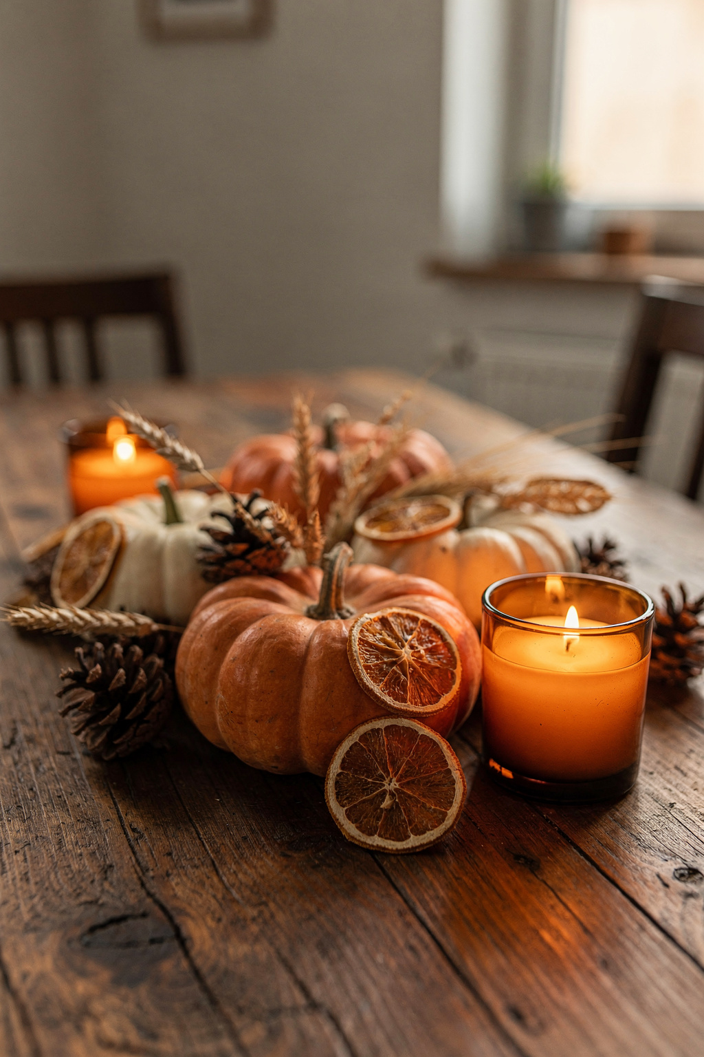 Herbstdeko auf einem Holztisch: Kürbisse, Tannenzapfen und Trockenblumen als Tischdeko arrangiert.