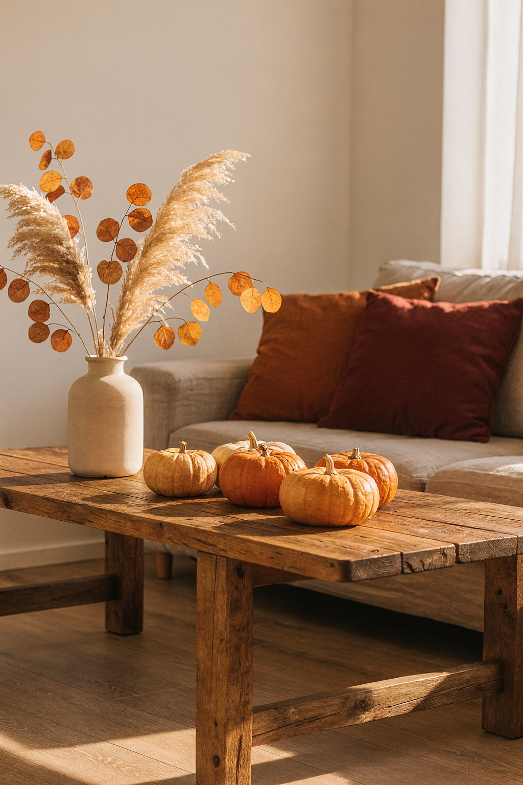 Herbstdeko im Wohnzimmer mit Kürbissen, Trockenblumen und warmen Kissen auf einem Holztisch.