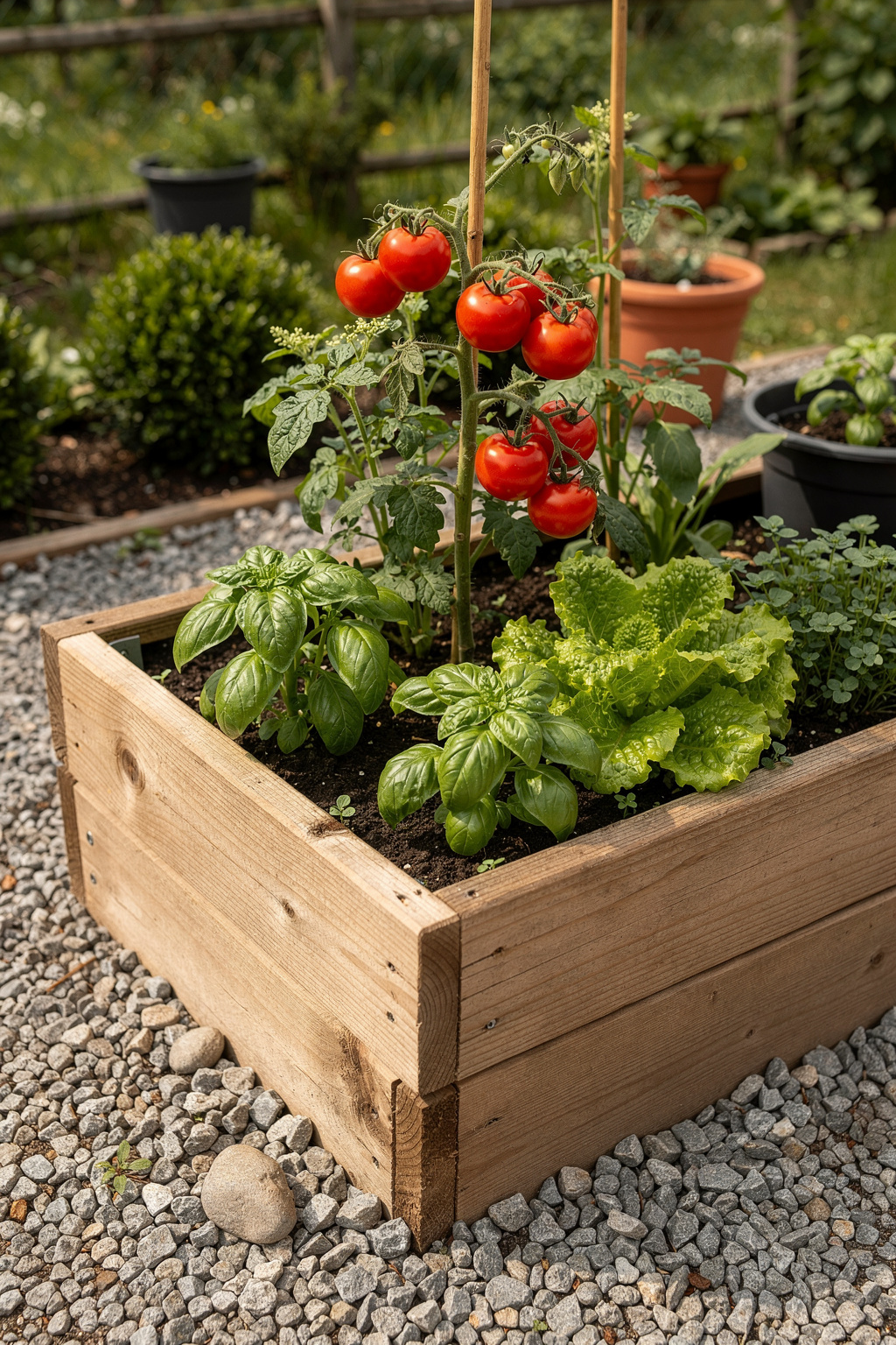 Hochbeet aus Holz im Garten mit frischen Kräutern und Gemüsepflanzen, eingebettet in eine kompakte Gartenaufteilung.