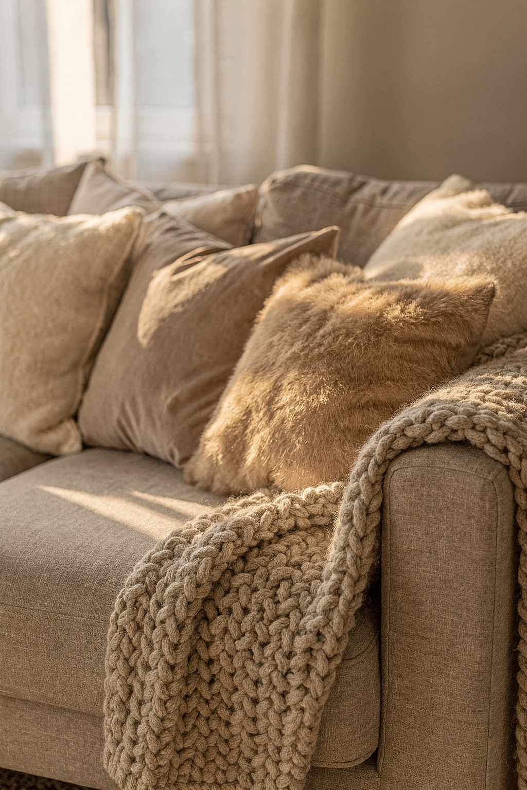 Weiche Wolldecken und Kissen in Naturtönen liegen auf einem hellen Sofa im Wohnzimmer.