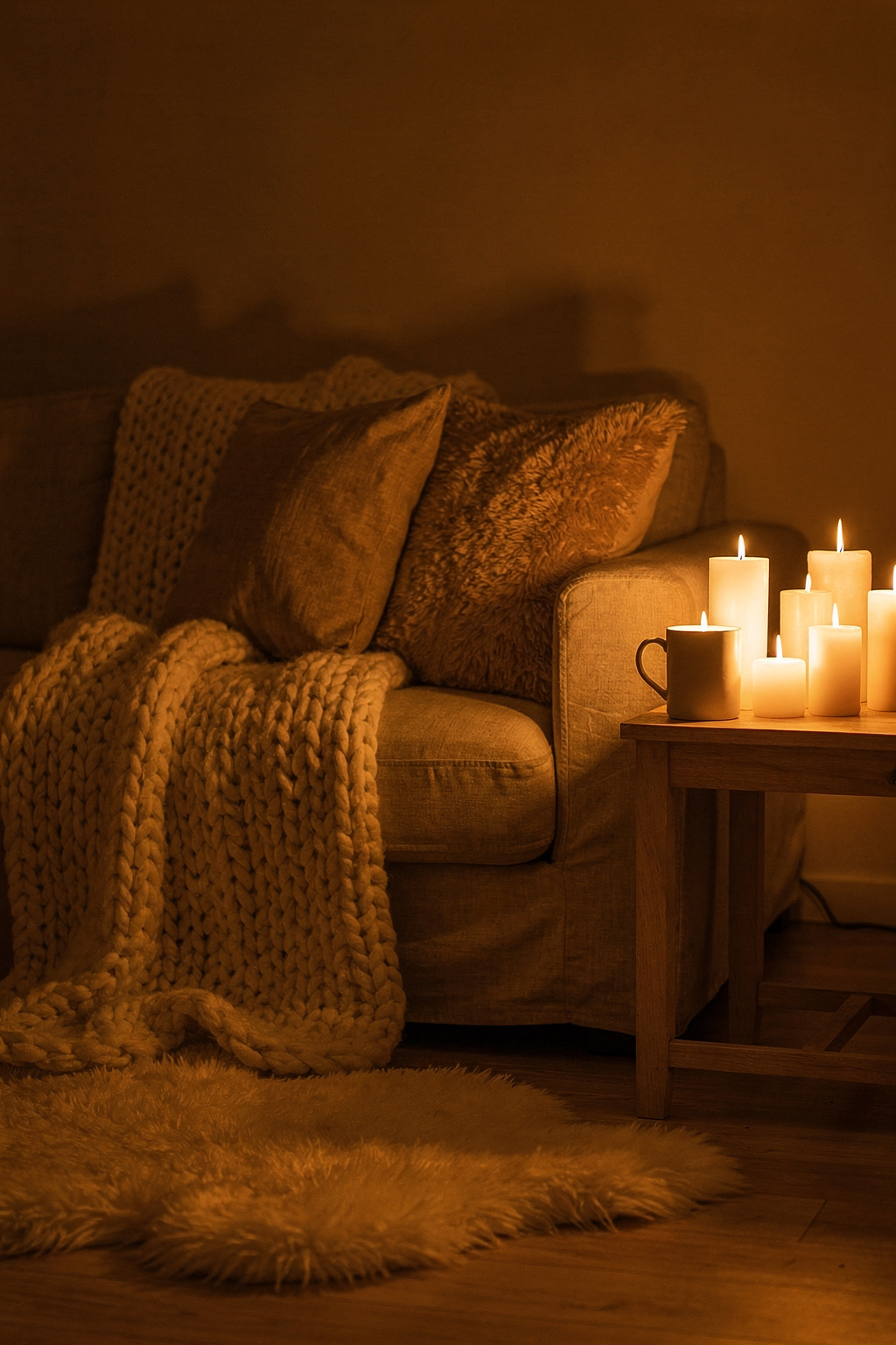 Ein gemütliches Hygge Wohnzimmer mit Kerzen, Wolldecke und Holzdeko auf einem hellen Sofa.