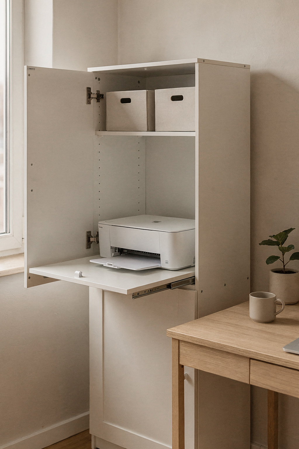 Ein weißer Druckerschrank im Homeoffice mit aufgeklappter Tür und ausziehbarem Regal für den Drucker.