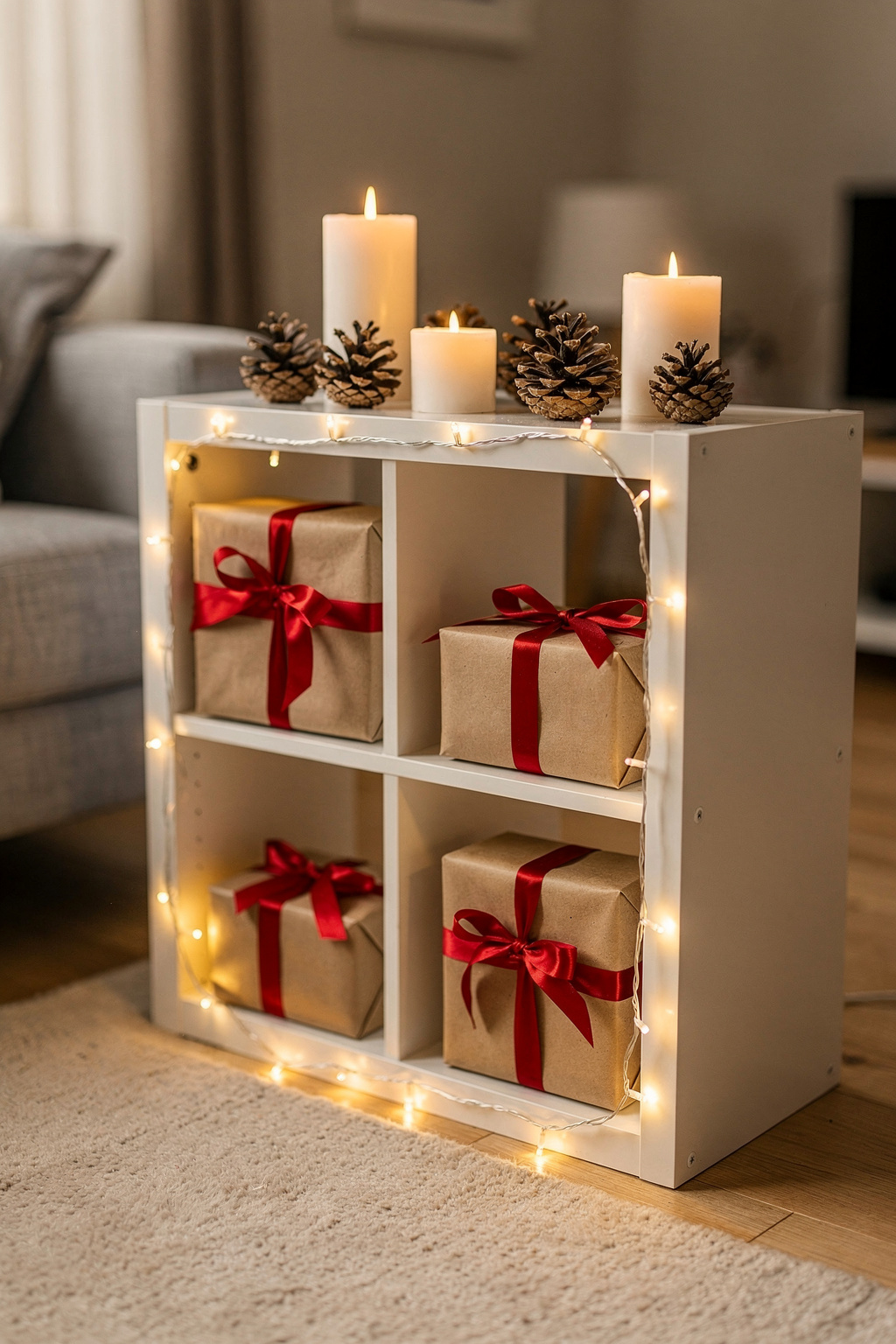 Ein IKEA KALLAX Regal ist als Adventskalender dekoriert, mit kleinen verpackten Päckchen in den Fächern.