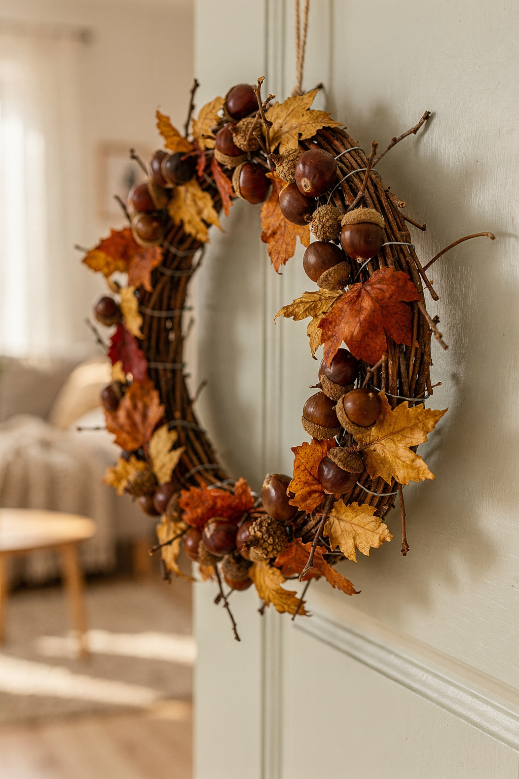 Selbstgemachter Kastanien Türkranz an einer hellen Wohnungstür als Herbstdeko.