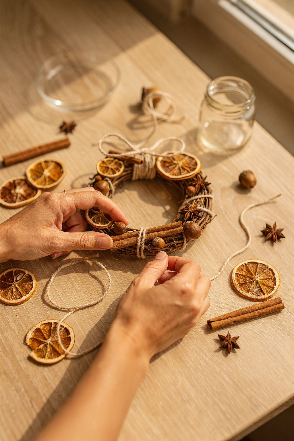 Selbst gemachte Herbstdeko aus getrockneten Orangenscheiben und Zimtstangen auf einem Holztisch.