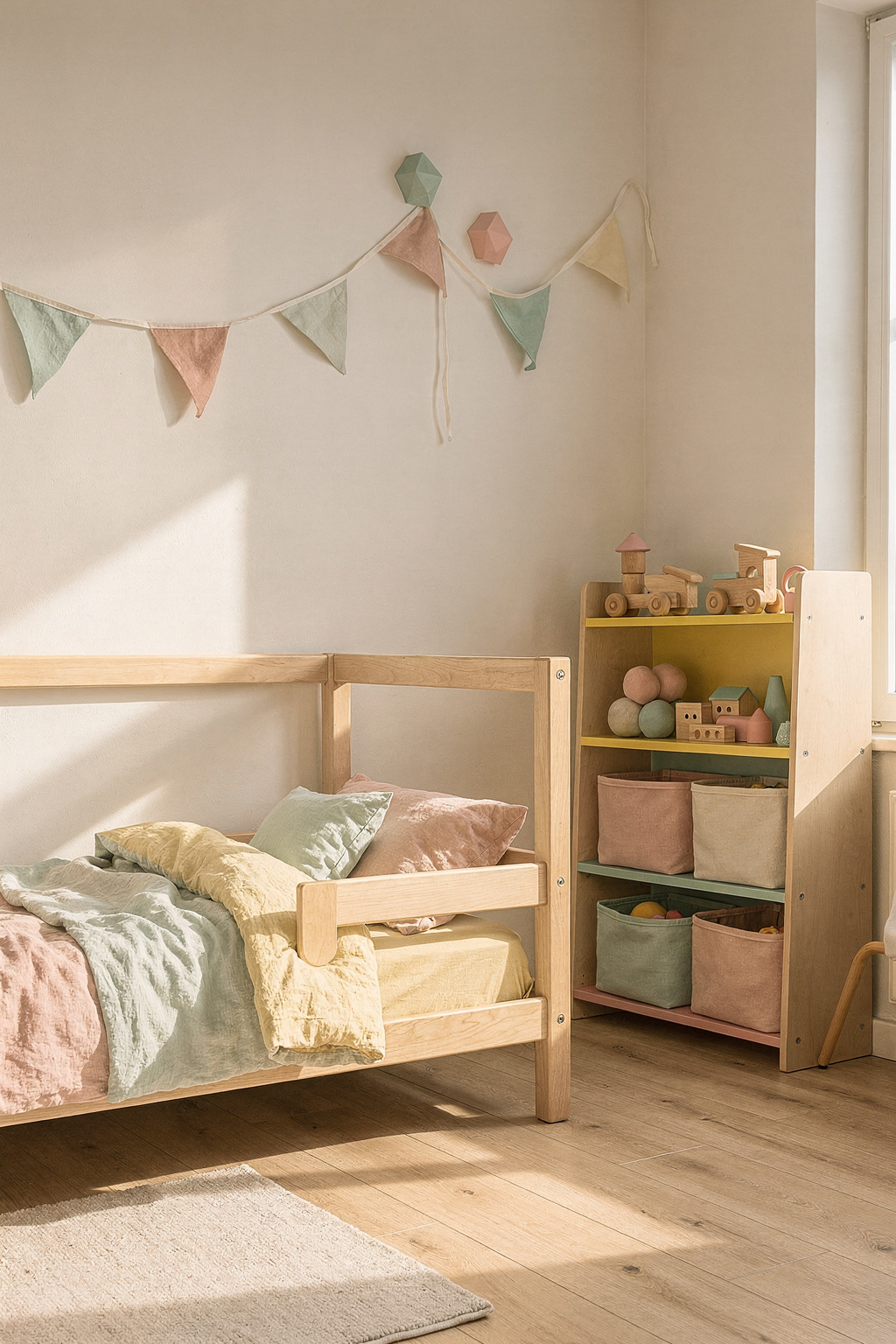 Ein helles Kinderzimmer mit bunten Wanddekorationen und einem kleinen Holzbett mit Pastellbettwäsche.