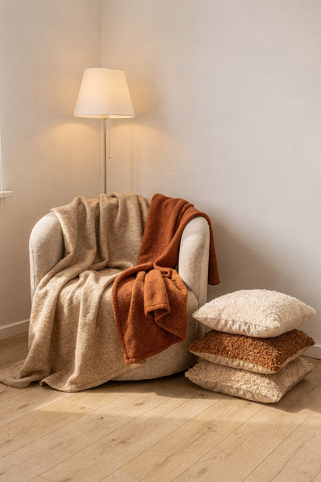 Eine gemütliche Kuschelecke im Wohnzimmer mit weichem Licht, Decken und Kissen auf einem Sessel.