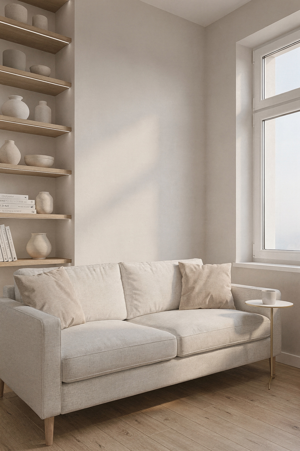 Kleine Wohnung mit hellem Wohnzimmer, kompaktem Sofa und schlauen Stauraum Lösungen in Skandinavischem Stil.