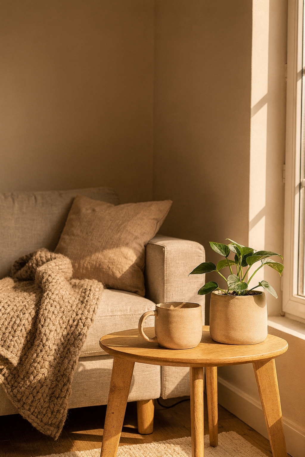 Ein kleines Wohnzimmer mit hellem Sofa, Wurfdecke und Pflanzen wirkt einladend und gemütlich.