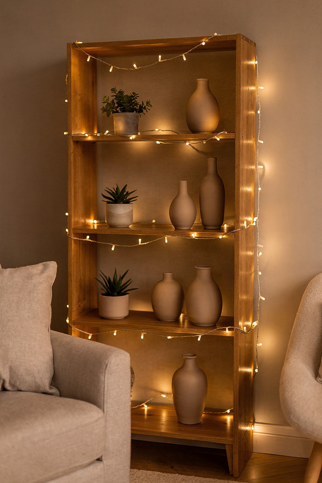 Lichterkette umwickelt ein Holzregal im Wohnzimmer und sorgt für gemütliche Stimmungsbeleuchtung.